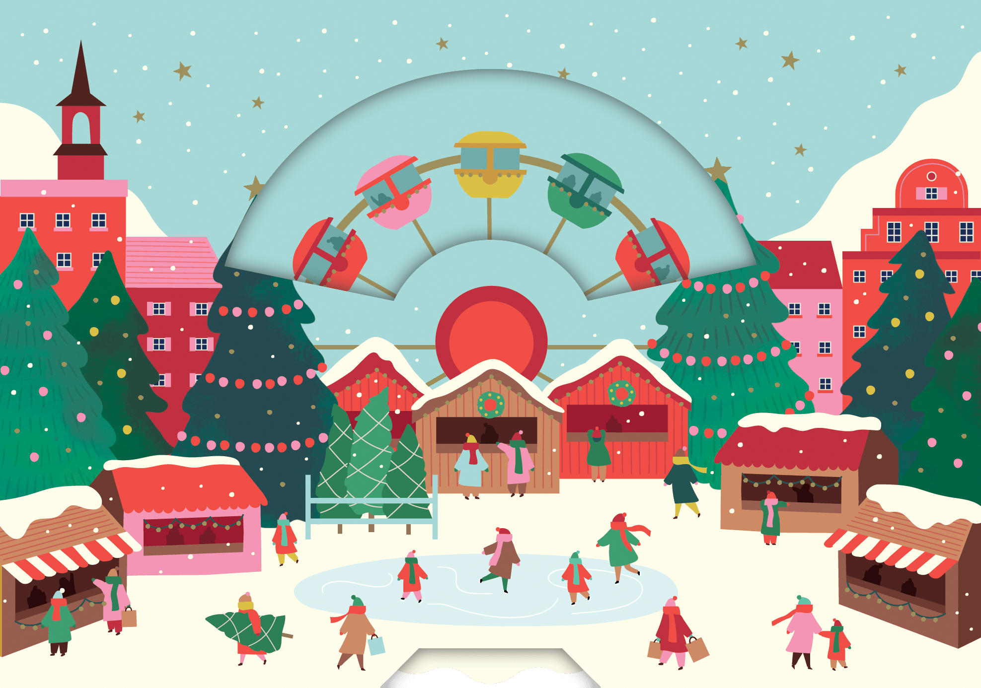 Pictura Village Scene Christmas Card featuring a festive winter village with snow-covered houses and holiday decorations.